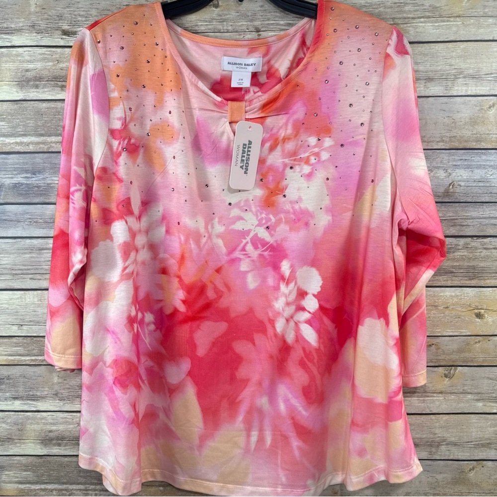 Allison Daley 2X Blouse Pink Floral Rhinestone Embellished 3/4 Sleeve Top NWT